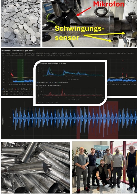 Collage zur KI-gestützten Qualitätsüberwachung in der Produktion mit Bauteilen, Mikrofon und Schwingungssensor, Mess- und Anomaliedaten, Metallkomponenten sowie dem Projektteam.